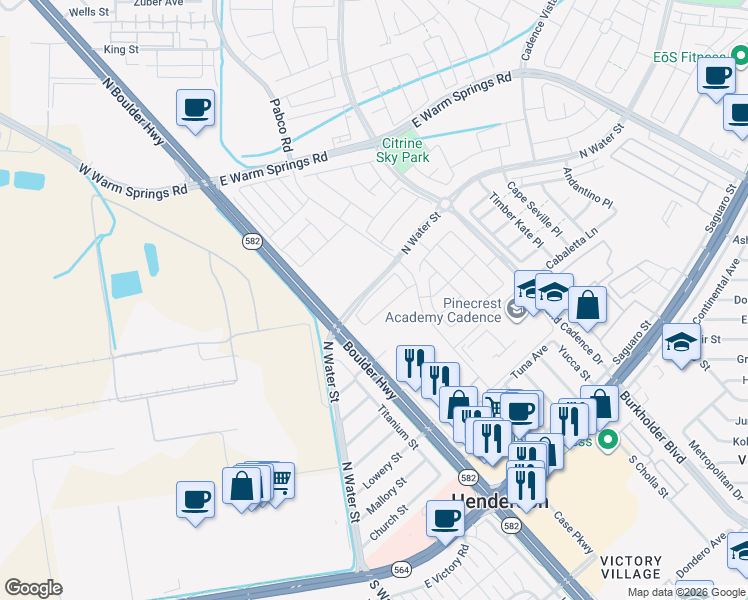 map of restaurants, bars, coffee shops, grocery stores, and more near 258 Sunlit Meadow Lane in Henderson
