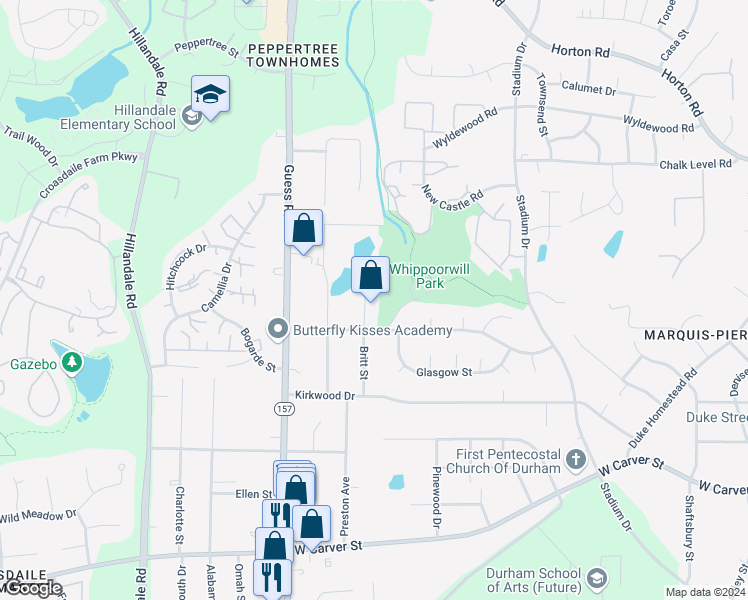 map of restaurants, bars, coffee shops, grocery stores, and more near 3712 Britt Street in Durham