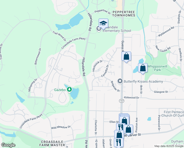 map of restaurants, bars, coffee shops, grocery stores, and more near 2519 Hitchcock Drive in Durham