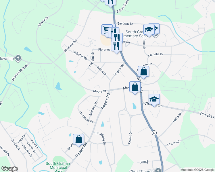 map of restaurants, bars, coffee shops, grocery stores, and more near 1205 Rogers Road in Graham