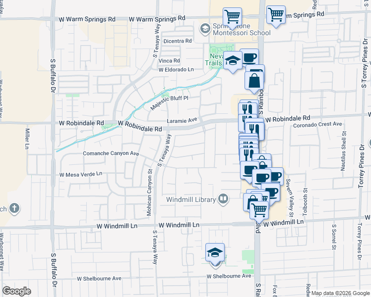 map of restaurants, bars, coffee shops, grocery stores, and more near 7233 Frontier Hills Avenue in Las Vegas