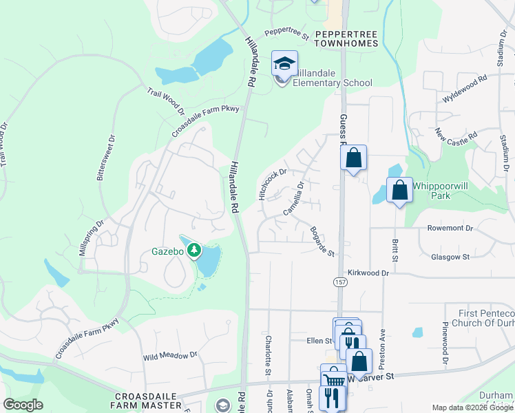 map of restaurants, bars, coffee shops, grocery stores, and more near 2519 Hitchcock Drive in Durham