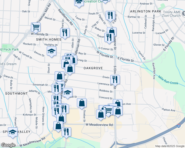 map of restaurants, bars, coffee shops, grocery stores, and more near 210 Erwin Street in Greensboro