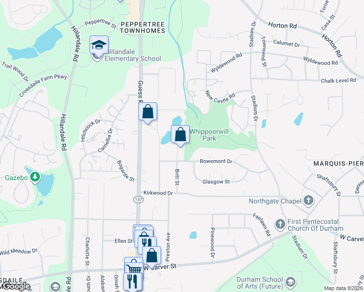 map of restaurants, bars, coffee shops, grocery stores, and more near 3712 Britt Street in Durham