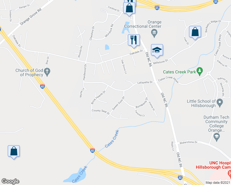 map of restaurants, bars, coffee shops, grocery stores, and more near 412 Lafayette Drive in Hillsborough