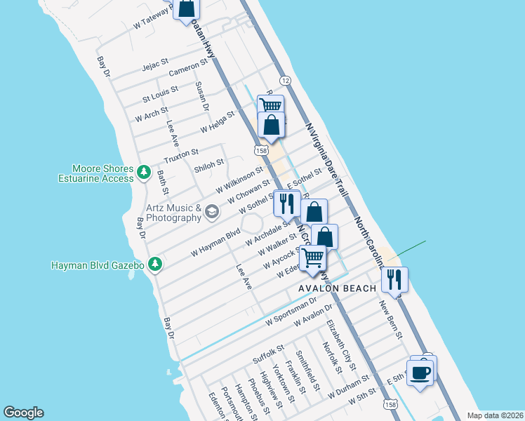 map of restaurants, bars, coffee shops, grocery stores, and more near 218 Hayman Boulevard in Kill Devil Hills