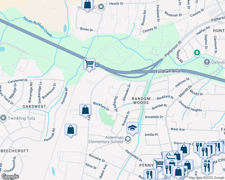 map of restaurants, bars, coffee shops, grocery stores, and more near 11 Blue Stone Lane in Greensboro