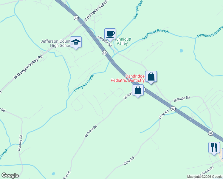 map of restaurants, bars, coffee shops, grocery stores, and more near 231 Tennessee 92 in Dandridge