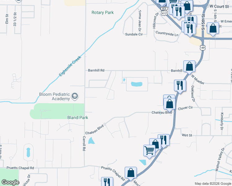 map of restaurants, bars, coffee shops, grocery stores, and more near 2502 Christopher Drive in Paragould