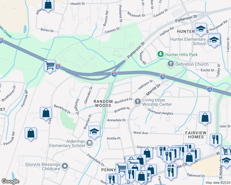 map of restaurants, bars, coffee shops, grocery stores, and more near 4116 Farmbrooke Drive in Greensboro