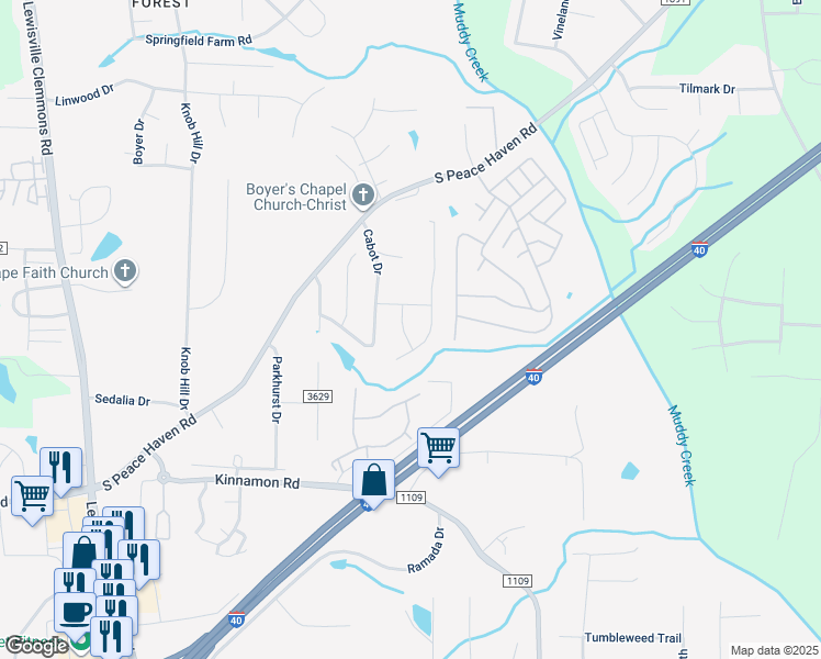map of restaurants, bars, coffee shops, grocery stores, and more near 3056 Diaz Lane in Winston-Salem