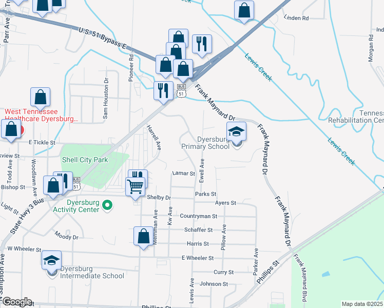 map of restaurants, bars, coffee shops, grocery stores, and more near 1500 Lewis Avenue in Dyersburg