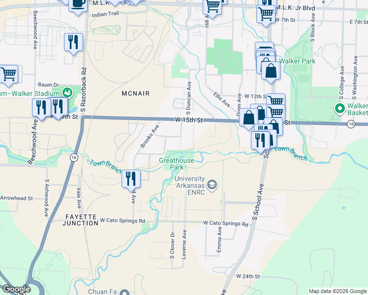 map of restaurants, bars, coffee shops, grocery stores, and more near 1616 S Duncan Ave in Fayetteville