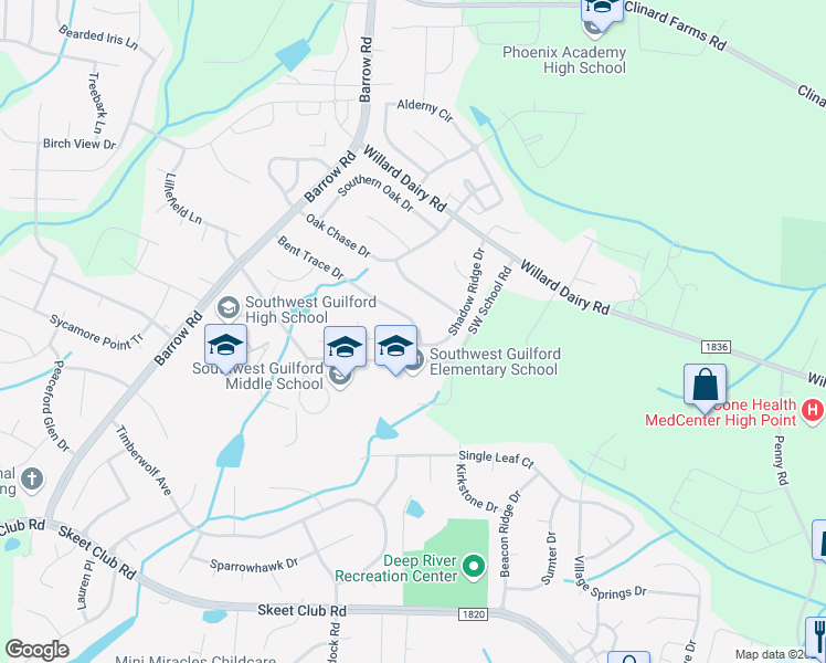 map of restaurants, bars, coffee shops, grocery stores, and more near 3596 Bent Trace Drive in High Point