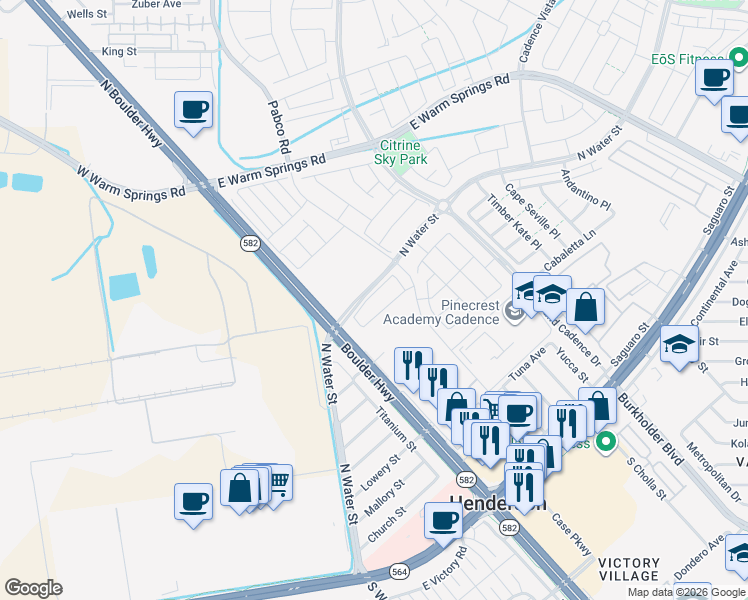 map of restaurants, bars, coffee shops, grocery stores, and more near 260 Sunlit Meadow Lane in Henderson