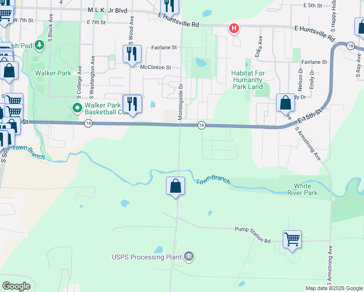 map of restaurants, bars, coffee shops, grocery stores, and more near 1500-1640 Morningside Drive in Fayetteville