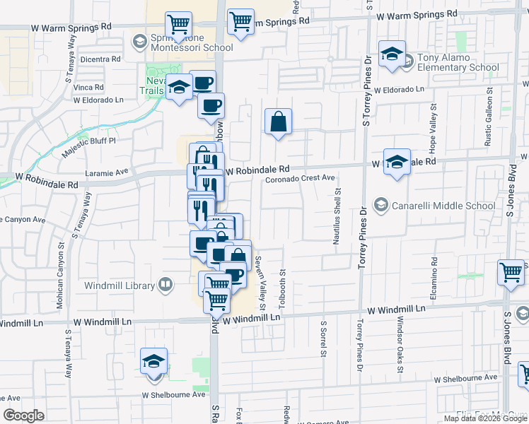 map of restaurants, bars, coffee shops, grocery stores, and more near 7828 Spindrift Cove Street in Las Vegas