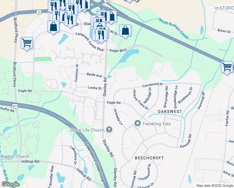 map of restaurants, bars, coffee shops, grocery stores, and more near 5315 Carolwood Drive in Greensboro