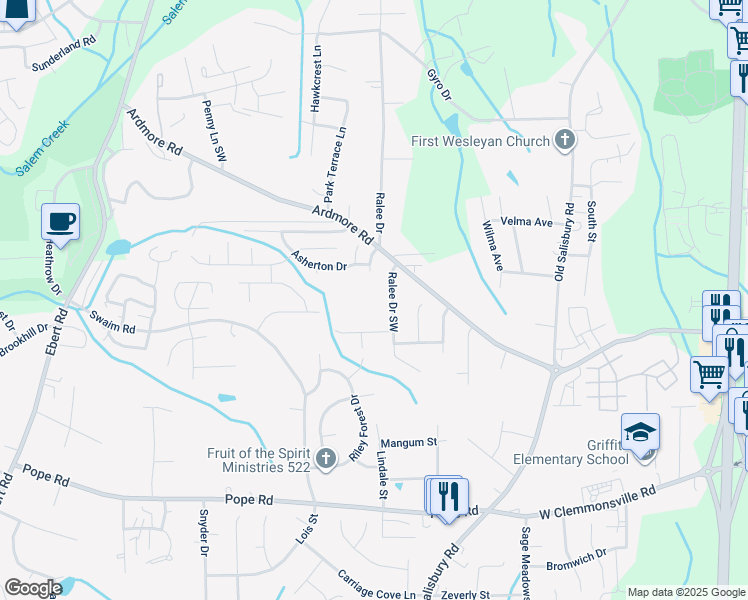 map of restaurants, bars, coffee shops, grocery stores, and more near 1814 Ralee Drive in Winston-Salem