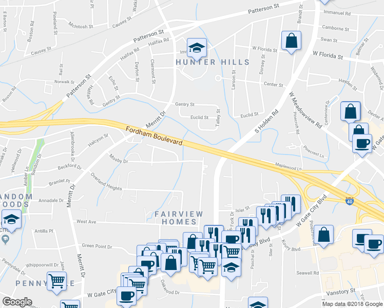 map of restaurants, bars, coffee shops, grocery stores, and more near 3610 Mosby Drive in Greensboro
