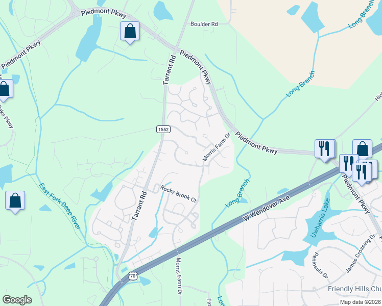 map of restaurants, bars, coffee shops, grocery stores, and more near 4337 River Bluff Terrace in Greensboro
