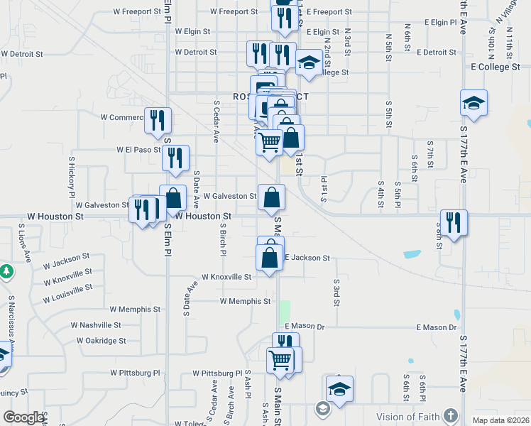 map of restaurants, bars, coffee shops, grocery stores, and more near 114 West Houston Street in Broken Arrow