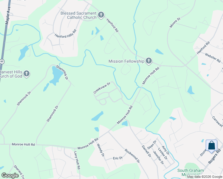 map of restaurants, bars, coffee shops, grocery stores, and more near Ridge Road in Graham