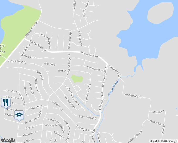 map of restaurants, bars, coffee shops, grocery stores, and more near 406 Cedar Park Circle in La Vergne