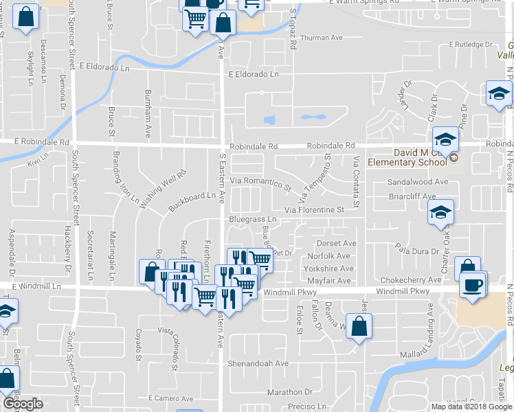 map of restaurants, bars, coffee shops, grocery stores, and more near 255 Finestra Drive in Henderson
