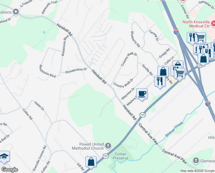 map of restaurants, bars, coffee shops, grocery stores, and more near 7803 Heiskell Road in Powell