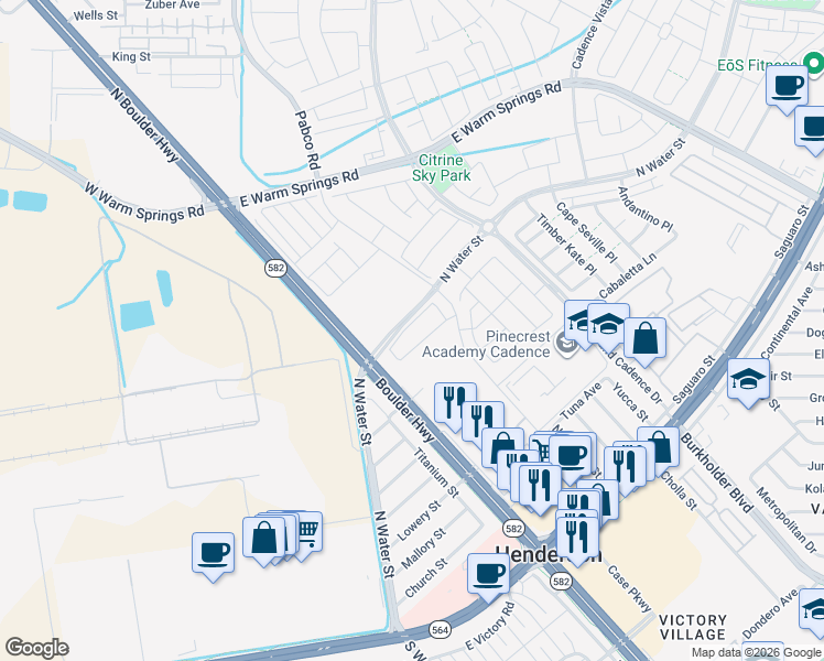 map of restaurants, bars, coffee shops, grocery stores, and more near 260 Sunlit Meadow Lane in Henderson