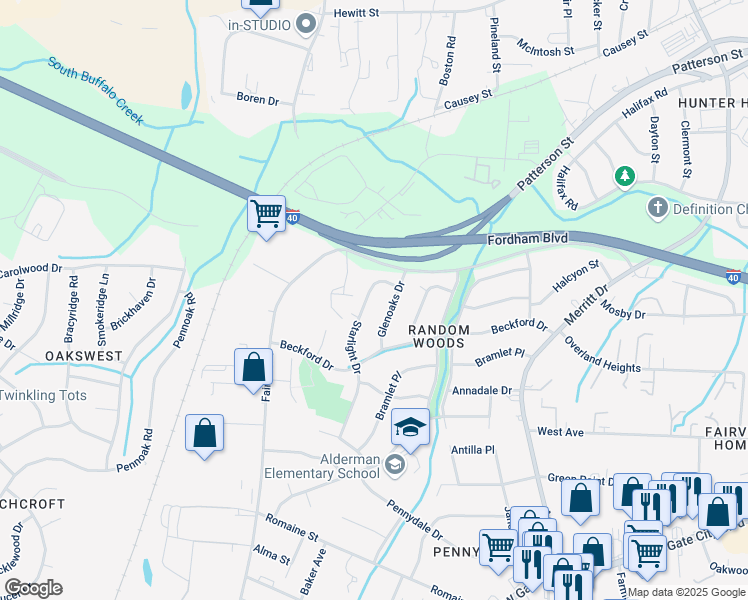 map of restaurants, bars, coffee shops, grocery stores, and more near 1807 Starlight Drive in Greensboro