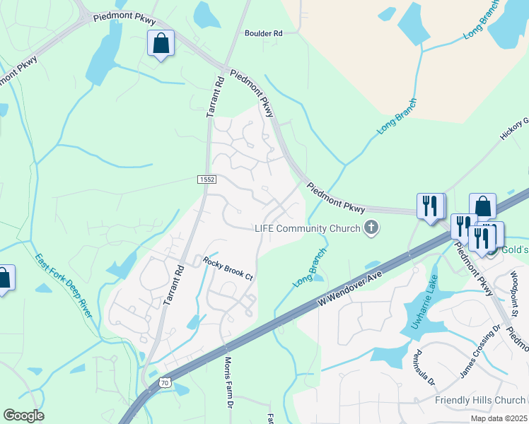 map of restaurants, bars, coffee shops, grocery stores, and more near 4502 Piedmont Trace Drive in Greensboro