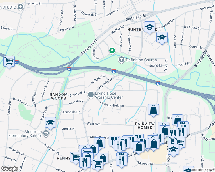 map of restaurants, bars, coffee shops, grocery stores, and more near 3820 Mosby Drive in Greensboro