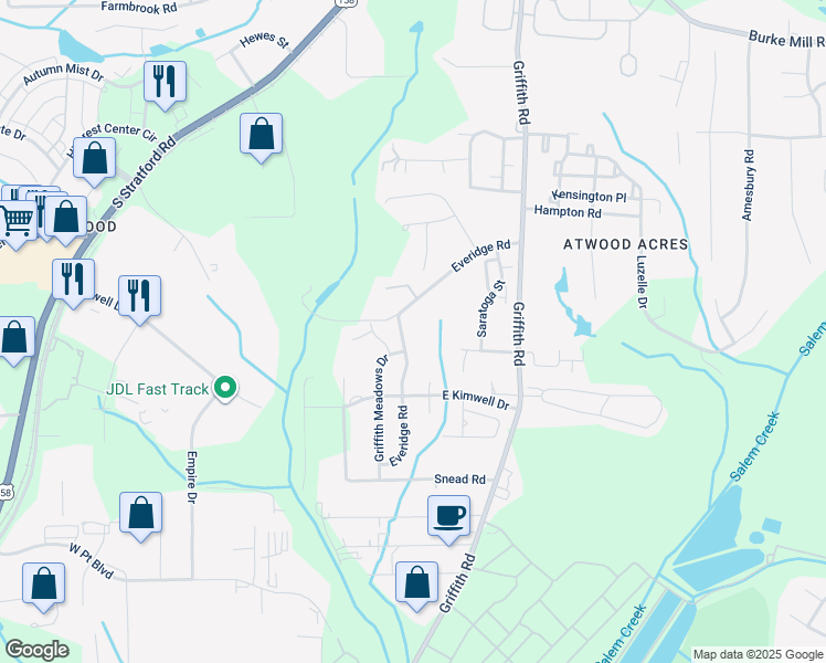 map of restaurants, bars, coffee shops, grocery stores, and more near 291 Everidge Road in Winston-Salem