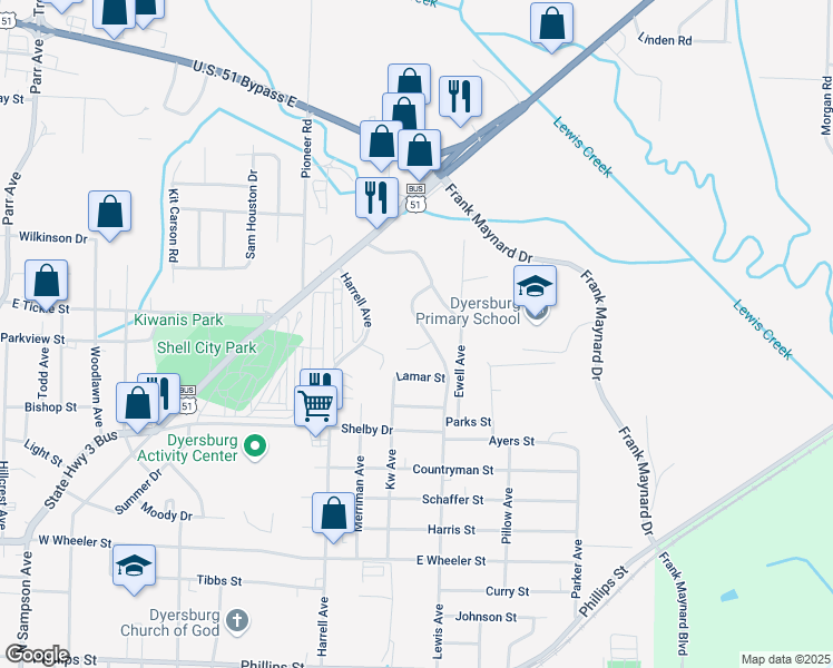 map of restaurants, bars, coffee shops, grocery stores, and more near 1500 Lewis Avenue in Dyersburg