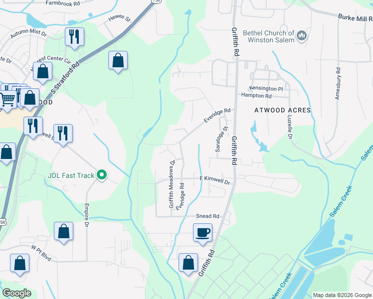 map of restaurants, bars, coffee shops, grocery stores, and more near 291 Everidge Road in Winston-Salem