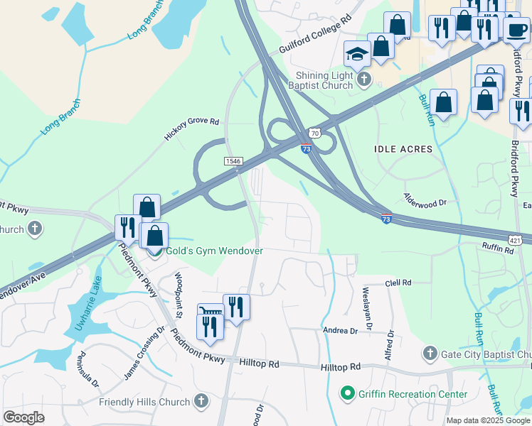map of restaurants, bars, coffee shops, grocery stores, and more near 1119 Strickland Court in Jamestown