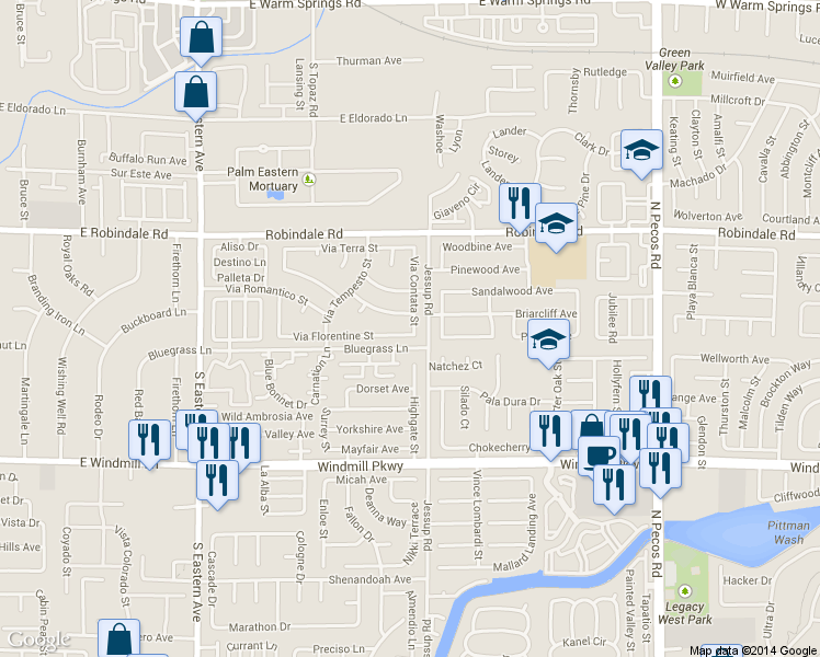 map of restaurants, bars, coffee shops, grocery stores, and more near 2802 Via Florentine St in Henderson
