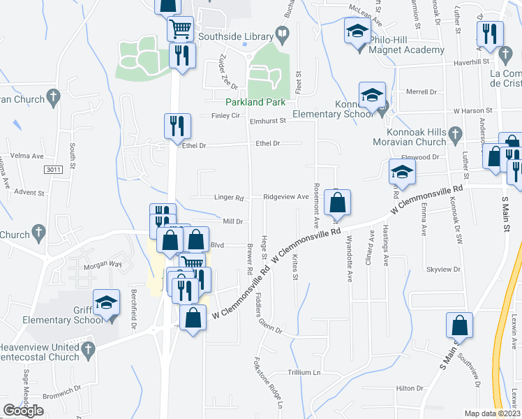 map of restaurants, bars, coffee shops, grocery stores, and more near 3666 Hege Street in Winston-Salem