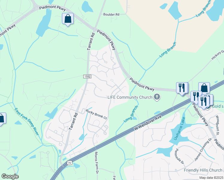 map of restaurants, bars, coffee shops, grocery stores, and more near 4504 Piedmont Trace Drive in Greensboro