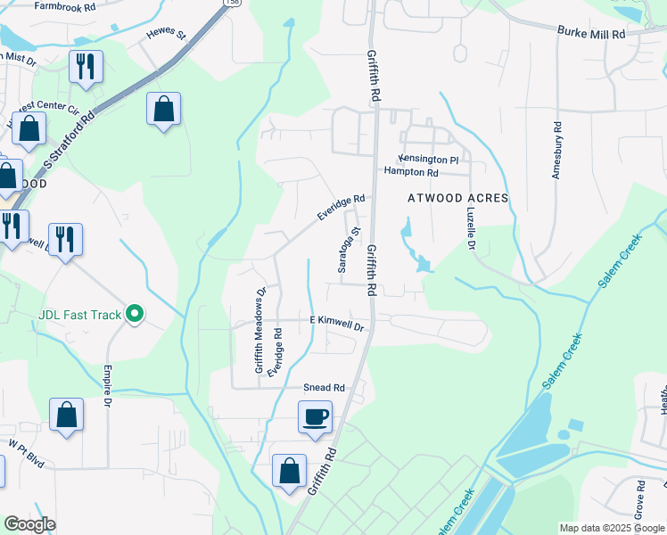 map of restaurants, bars, coffee shops, grocery stores, and more near 180 Saratoga Street in Winston Salem