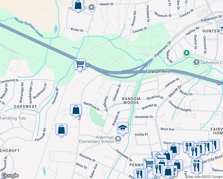 map of restaurants, bars, coffee shops, grocery stores, and more near 1807 Starlight Drive in Greensboro
