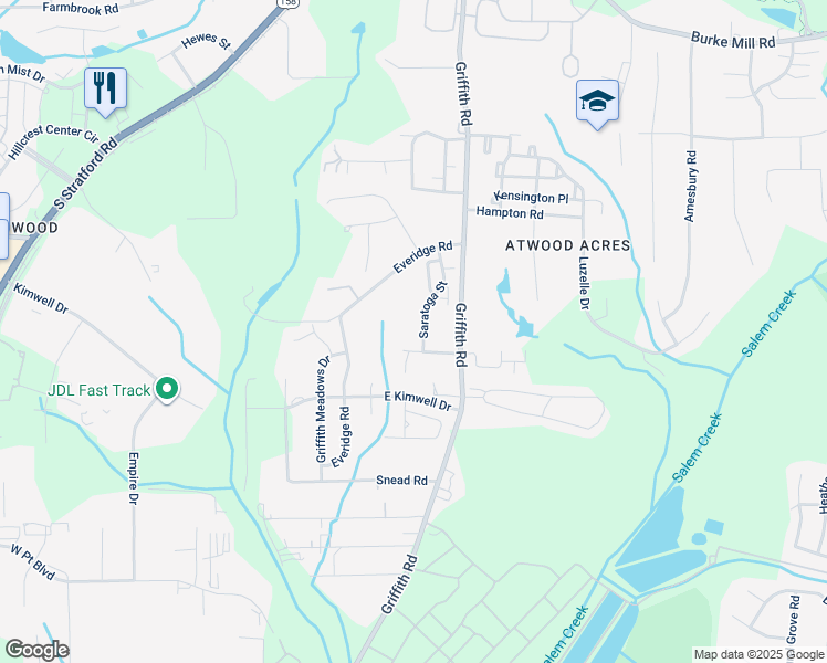 map of restaurants, bars, coffee shops, grocery stores, and more near 180 Saratoga Street in Winston Salem