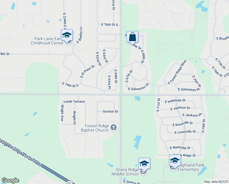 map of restaurants, bars, coffee shops, grocery stores, and more near 6417 East Galveston Street in Broken Arrow