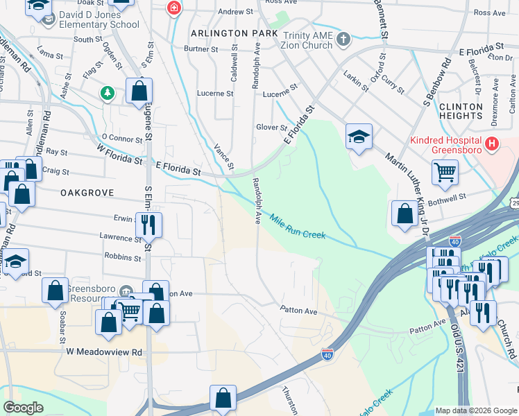 map of restaurants, bars, coffee shops, grocery stores, and more near 2001 Randolph Avenue in Greensboro
