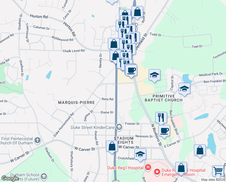 map of restaurants, bars, coffee shops, grocery stores, and more near 3413 North Duke Street in Durham