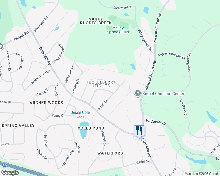 map of restaurants, bars, coffee shops, grocery stores, and more near 1203 East Oak Drive in Durham