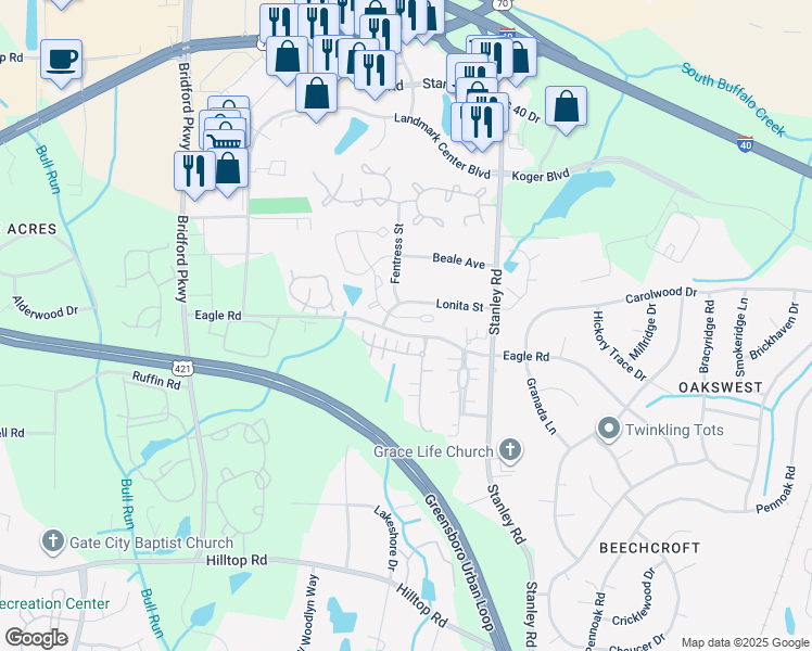 map of restaurants, bars, coffee shops, grocery stores, and more near 145 Bridford Downs Drive in Greensboro