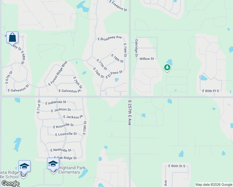 map of restaurants, bars, coffee shops, grocery stores, and more near 608 South 78th Street in Broken Arrow